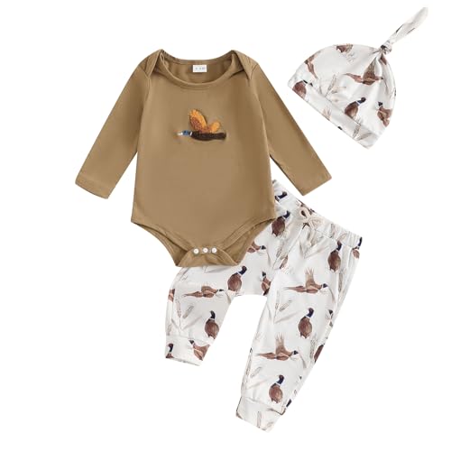 Image of Newborn Baby Boy Hunting Clothes Mallard Duck Embroidery Romper Bodysuit Long Pants Hat Set Fall Winter Outfits (Brown, 0-3 Months)