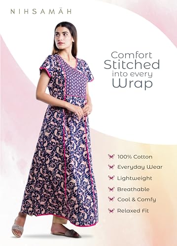 Image of NIHSAMAH Cotton Night Gown for Women - Angrakha Style Nighty, Comfortable Sleepwear /Nightwear /Maxi