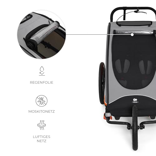 Kinderkraft NAVA 3in1, Kinderwagen, Laufwagen und Fahrradanhänger, für ein oder zwei Kinder (bis 44 kg), Sonnenschutz, zwei unabhängige Bremsen, Aluminiumrahmen, leicht zu falten,Orange