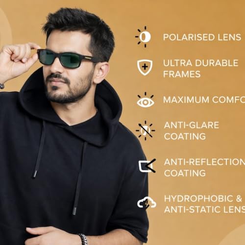 Image of RoadRider Branded and Stylish Sunglasses | Polarized and 100% UV Protected | Light Weight, Durable, Premium Looks | Men | Black Lenses| Wrap around | Medium