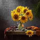 02irina / 123rf.com Cuadro de aluminio compuesto de 70 x 70 cm: un ramo de girasoles y cerezas en un plato sobre una mesa de madera vieja.(184328069)
