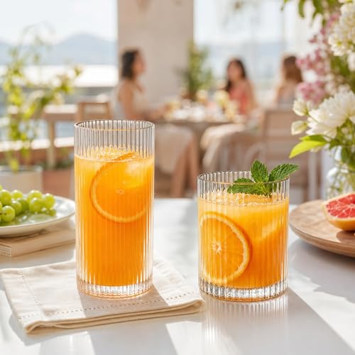 INSETLAN 12-Piece Ribbed Glassware - 6 Highball Glasses 12 oz, 6 Rocks Glass Cups 14 oz, Vintage Cocktail Drinking Glasses, Ideal for Wine, Juice, Water, Ice Coffee Cup, Whiskey, Mixed Drinkware by INSETLAN - Image 8