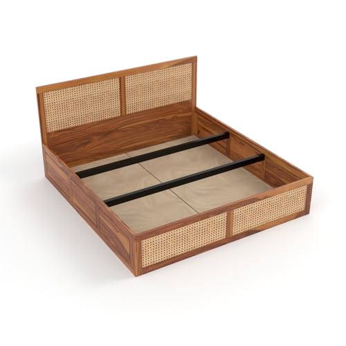 Image of Sheesham Wood Cane Bed with Box Storage for Bedroom | Queen Size Wooden Double Bed Palang with Rattan Headboard & Footboard (Honey Finish)
