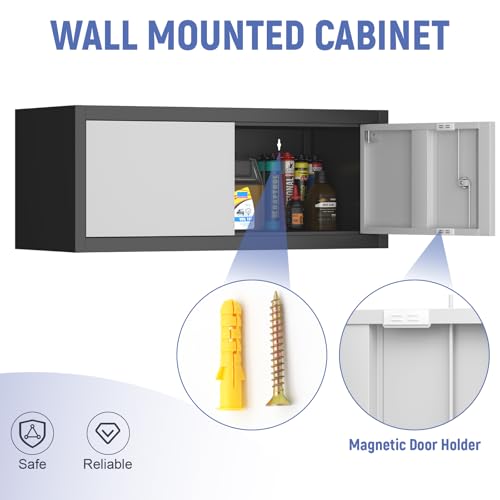 Image of Metal Garage Storage Cabinet, Locking Cabinet Wall Mounted, 13 inch H Floating Cabinet for Warehouse, Upper Tool Cabinet for Home Office, Basement, Kitchen, RV Organization