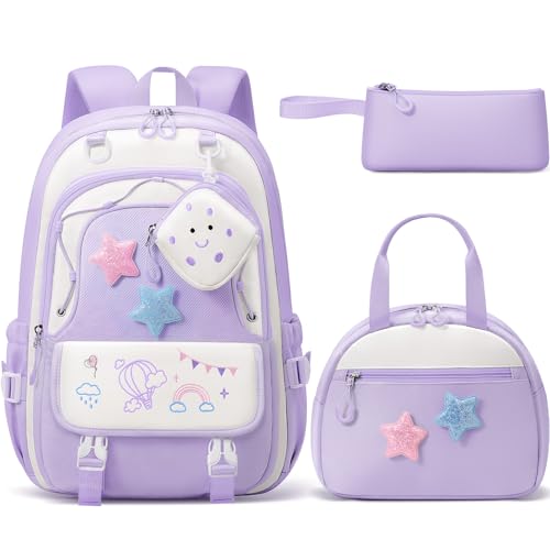 Fimibuke Kids Backpack for Girls, 4 PCS Waterproof Teen Girls Backpack with Lunch Box, Pencil Case & Headphone Bag Set