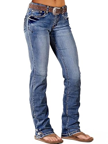 Flamingals Boot Cut Jeans for Women Mid Waist Flared Strechy Trendy Straight Leg Denim Pants Mid Blue XL