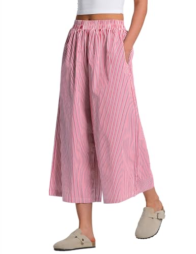 Image of LOMON Womens Wide Leg Capri Pants Gingham Plaid Culottes Summer Elastic Waist Palazzo Trousers Bottoms with Pockets