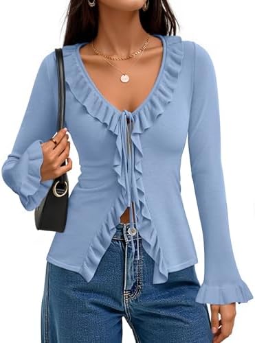 ZESICA Womens 2026 Fall Tie Front Bow Cardigan Sweaters Long Bell Sleeve V Neck Ruffled Knit Cropped Trendy Tops