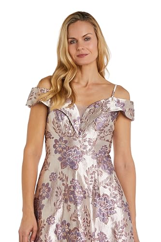 Image of Long Off-The-Shoulder Metallic Floral Brocade Gown