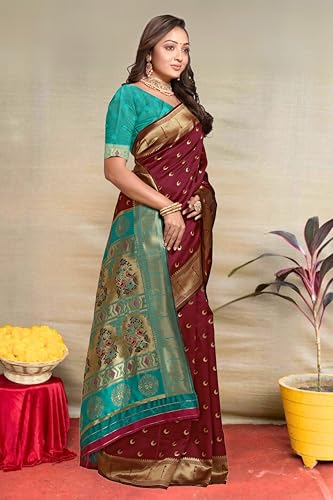 Image of C J Enterprise Women's Pure Kanjivaram Silk Saree Paithani Soft Wedding Sarees With Blouse Piece (Chand paithani)