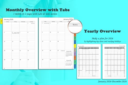 YHH 2026 Diary A5 Week to View, Annual Monthly & Weekly Planner with Tabs & Pocket, Extra Password Contact Notes UK Holiday, Spiral Bound, Elastic Personal Organiser Life Book, Jan.26-Dec.26 - Image 4