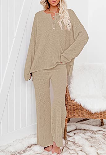 Viottiset Women's 2 Piece Outfits Sweatsuit Knit Long Sleeve Sweater Wide Leg Pants Lounge Set Khaki Small #TOP3