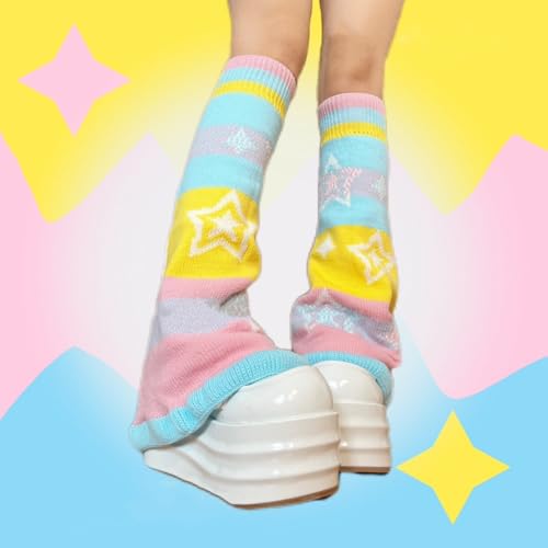 Reversible Bell Bottom Knitted Leg Warmers Y2K Style Stars Design, Cute Stack Socks Girl Women Fall Winter Fashion4
