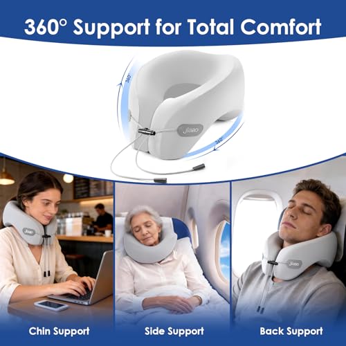 Image of jiaao Travel Pillow Memory Foam Neck Pillow for Airplanes with Adjustable Drawstring Support, Gray Travel Neck Pillow for Flights, Road Trips, Trains & Everyday Travel