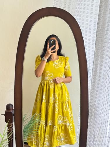 Image of Women Floral Print Cotton Blend Midi Dress, Short Sleeve
