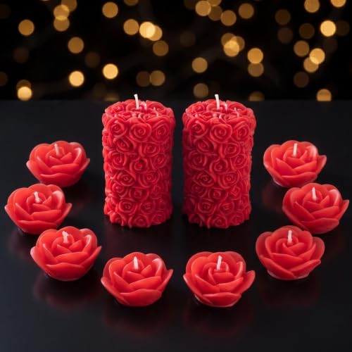 Image of Rose Pillar and Floating Candle Combo, Pack of 10, Red