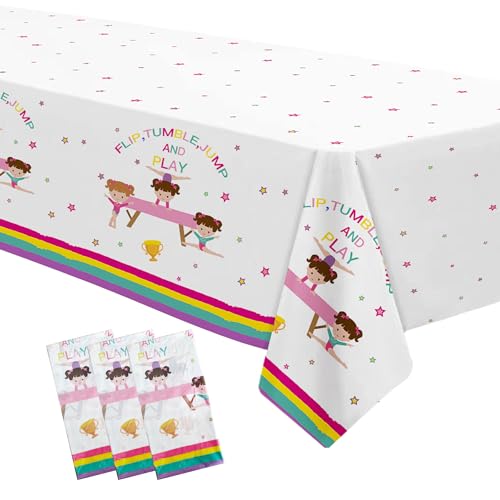 YJRJSC Gymnastics Birthday Party Supplies Tablecloth Girl - Disposable Gymnastics Party Decorations Tablecover, Sports Theme Gymnastics Birthday Table Decorations Table Cloth - 3 Pcs(54in x 108in)