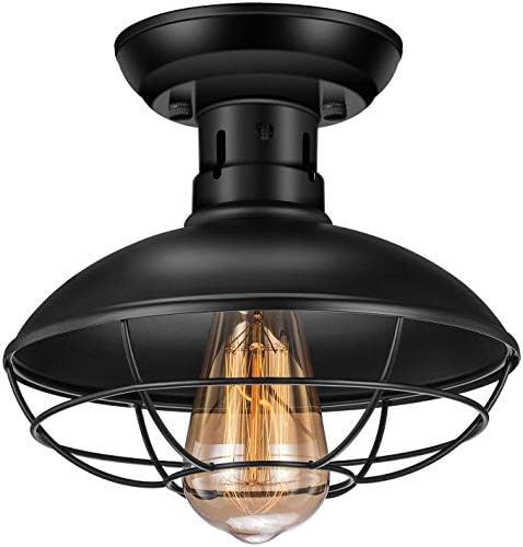 Farmhouse Flush Mount Ceiling Light Fixture, Industrial Ceiling Light, Metal Black Cage Rustic Style Close to Ceiling Light Fixtures for Hallway Kitchen Entryway 1 Pack, UL Listed