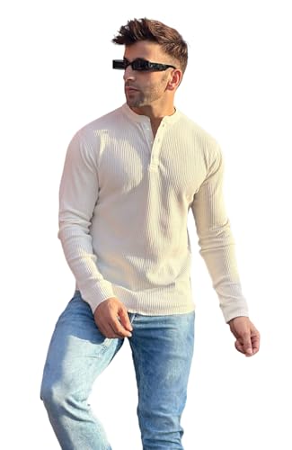 Image of GRITSTONES Men Self Waffle Knit Henley T-Shirt (GSHN-2H-01-BLK S)
