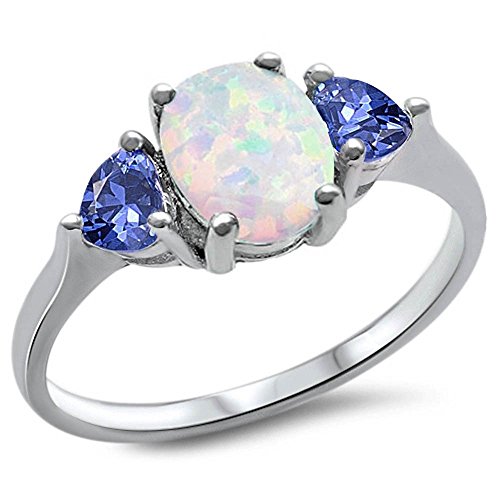 Oxford Diamond Co Sterling Silver Oval Lab Created White Opal & Simulated Tanzanite Heart Ring Sizes 8