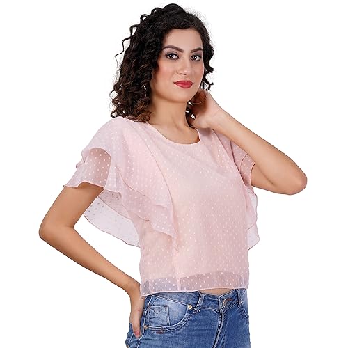 Women's Designer Stylish Boota Ruffled Sleeve Top, Casual, Round ...