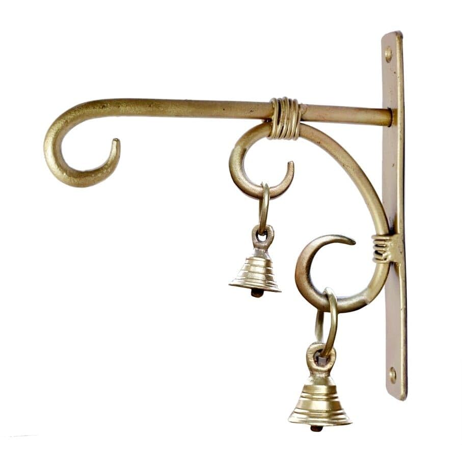 Image of Antique Brass Wall Bracket with Bells | 7.5 Inch Heavy Duty Metal Hanging Hooks (Pack of 1) for Plants, Lanterns, Bird Feeders & Wind Chimes | Indoor Outdoor Decor