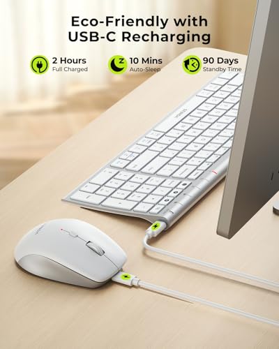 Image of seenda COE401 Bluetooth Keyboard Mouse Combo, Rechargeable, White Silver | Silent rechargeable keyboard and mouse with 3-device connection for Windows, Mac, iPad, and laptops.