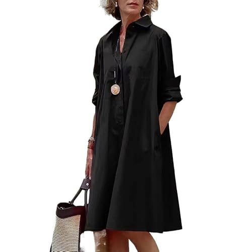 Womens 2025 Long Sleeve Button Down Shirt Summer Dress Casual V Neck Loose Fit Midi Shirt Dresses with Pockets