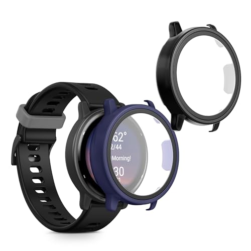 kwmobile Carcasa Compatible con Garmin vivoactive 5 / Active 5 Funda - 2X Protector Pantalla Completo de Cristal Templado - Ultrafino y antigolpes - Negro/Azul Oscuro