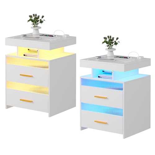 HNEBC Nightstand with Wireless Charging Station, LED Nightstand Has Adjustable Rotary Workstation, Smart Night Stand with 2 Drawers,Modern Bedside Table for Bedroom, Sensor Light/Wheel (Grey