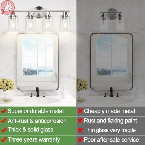 Image of 4-Light Bathroom Light Fixtures, Brushed Nickel Modern Vanity Lights Over Mirror with Clear Glass Shade, Bathroom Wall Lamp for Mirror Kitchen Living Room Hallway Cabinet Porch Bedroom Reading room