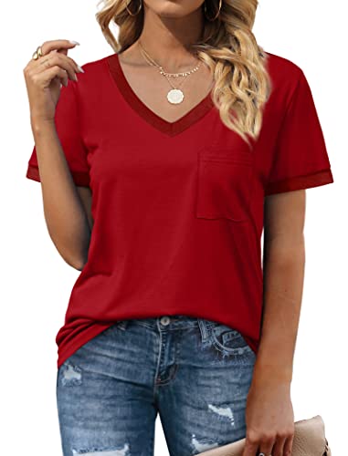 Womens Tshirts V Neck Short Sleeve Tops Loose Casual Basic Tee Shirts Red Xl #TOP1