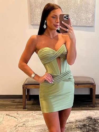 Strapless Homecoming Dress Short Satin Corset Prom Dress Sheath Tight Ruched Ruffles Cocktail Party Dress HOCO Gown2
