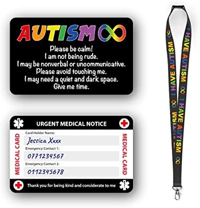 Autism Awareness Medical Card, Autism Card with Writable Panel and Patterned Lanyard, Autism Emergency Contact Card. (Autism Card & Autism Lanyard)