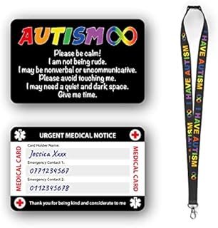 Autism Awareness Medical Card, Autism Card with Writable Panel and Patterned Lanyard, Autism Emergency Contact Card. (Autism Card & Autism Lanyard)