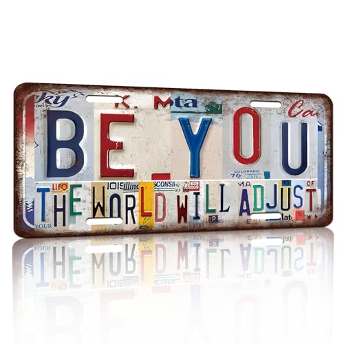 Vintage License Plate Wall Decor Be You The World Will Adjust Tin Sign for Home Office Garage Bar Restaurant Living Room Garden Yard 12 x 6 Inches (25107)