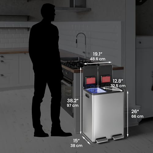 Image of iTouchless 16 Gallon / 60L Dual Kitchen Trash Can & Recycle Bin, 2x8 Gal Removable Buckets, Soft-Close Stainless Steel Step Pedal, Fingerprint-Resistant, AbsorbX Odor Filter - Brushed Silver