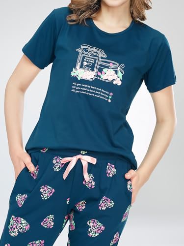 Image of ZEYO Night Suit for Women's Heart Printed Cotton Night Dress of Top and Capri Set 5747