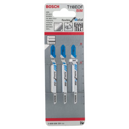 Bosch Professional 3x Jigsaw Blade T 118 EOF Flexible for Metal (for Steel sheets, Accessories Jigsaw)
