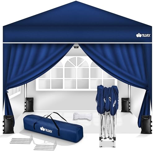 tillvex Pavillon 3x3m wasserdicht mit 4 Seitenteilen + 4er Set Sandsäcke | Pop-Up Faltpavillon stabil & höhenverstellbar | Gartenzelt UV Schutz 50+ | Partyzelt mit Tasche für Garten, Blau