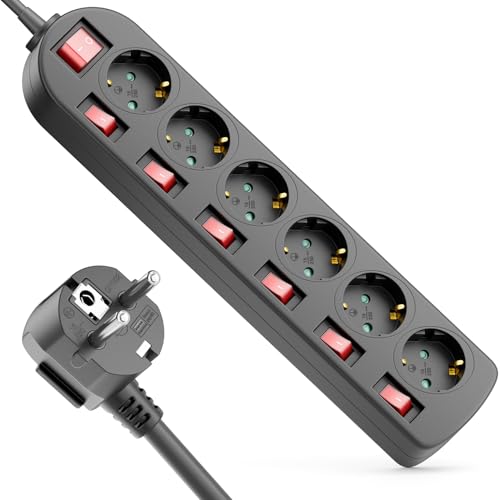 deleyCON Regleta 6 Tomas - Interruptor ON/Off - Control Individual - 5m Cable - 6X Toma Base Múltiple Corriente Distribuidor Extensión Regleta Hogar Oficina 3680W 16A - Negro