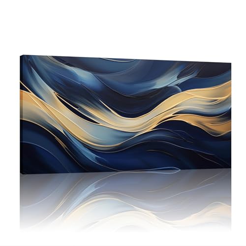 Tableau marbre bleu et doré haut de gamme grande toile abstraite de 60 x 120 cm