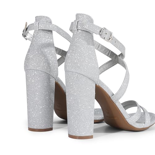 DREAM PAIRS Womens Chunky Heels 4 inch High Multi Strap Soft Comfort Block Heeled Sandals for Prom Dancing Wedding,Size 8.5,Silver,DWUMHS2501