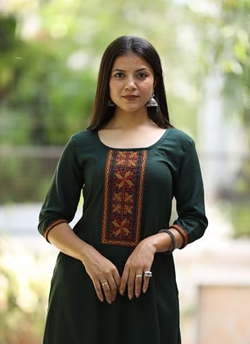 Image of Women's Rayon Straight One Piece Kurti with Ethnic Thread Embroidery | Round Neck 3 /4 Sleeve Calf Length Kurta for Office Bottle Green & Navy Blue | (M-XXL)