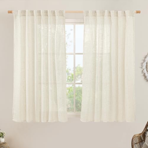LAMIT Natural Linen Semi Sheer Window Curtains 54 Inch, Light Filtering Neutral Bedroom Curtains Farmhouse Boho Back Tab and Rod Pocket Panels, Cream Ivory, 2 Panels, 52 x 54 Inch