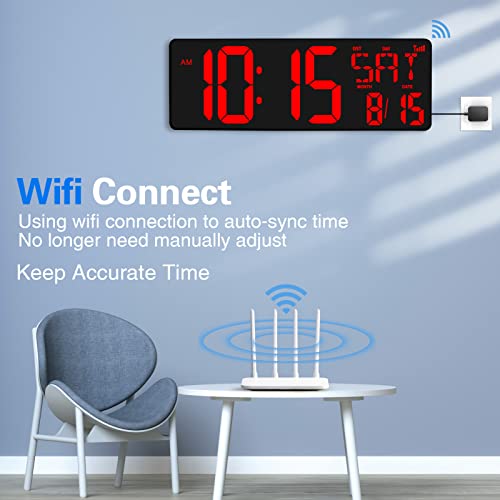 Xrexs Large Digital Wall Clock Wifi Sync, 16.5 In Large Display Wall Clock With Temperature/Date/Week, Led Big Digital Timer Clock With Remote Control, Alarm Clock For Home And Office, Auto-Dimming #TOP1