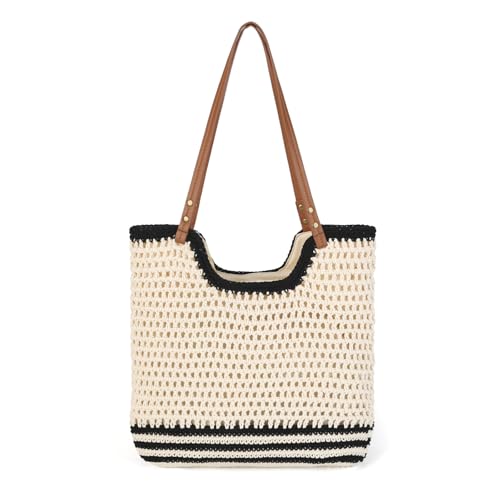 Image of GLITZALL Beach Tote Bag for Women Cotton Rope Woven Shoulder Bag, Large Crochet Summer Handbag with with Faux PU Handles, Lightweight Travel Shopper Bag for Holiday Beach Shopping Everyday