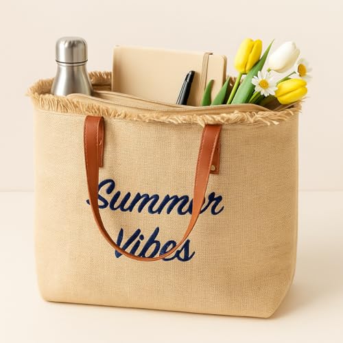 Image of GRECIILOOKS Eco Canvas Boho Tote Bag for Women, Spacious Jute Handbag with Faux Leather Straps, Frayed Edge & Floral Print, Lightweight Shoulder Bag for Beach Travel Shopping Work