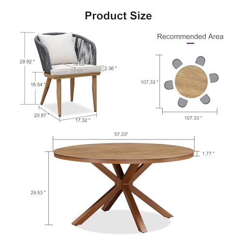Image of PURPLE LEAF 7 Pieces Patio Dining Set Wicker Outdoor Furniture Round Table and Chairs Set for Garden Deck Teak-Finish Aluminum Frame Backyard Kitchen Set, Cushions and Pillows Included