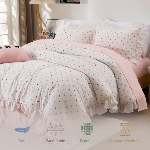 Image of A Nice Night Colorful Heart Love Pattern Bedding Set,Ruffle 6 Piece Bed in a Bag Matching Sheet Set,Princess Chic Style,White Comforter Sets Room Decor for Girls,Twin